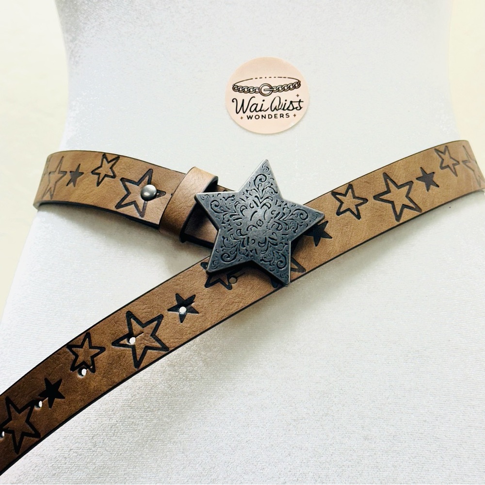 Brown leather star belt with silver star buckle
